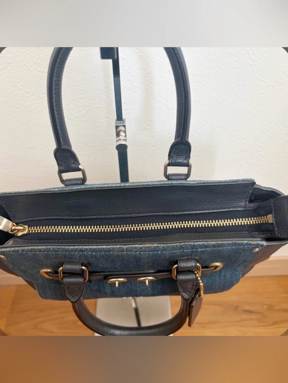 COACH Mini Swagger Denim and Black Pebble Leather Satchel w/Gold Tone Hardware - Picture 3 of 13
